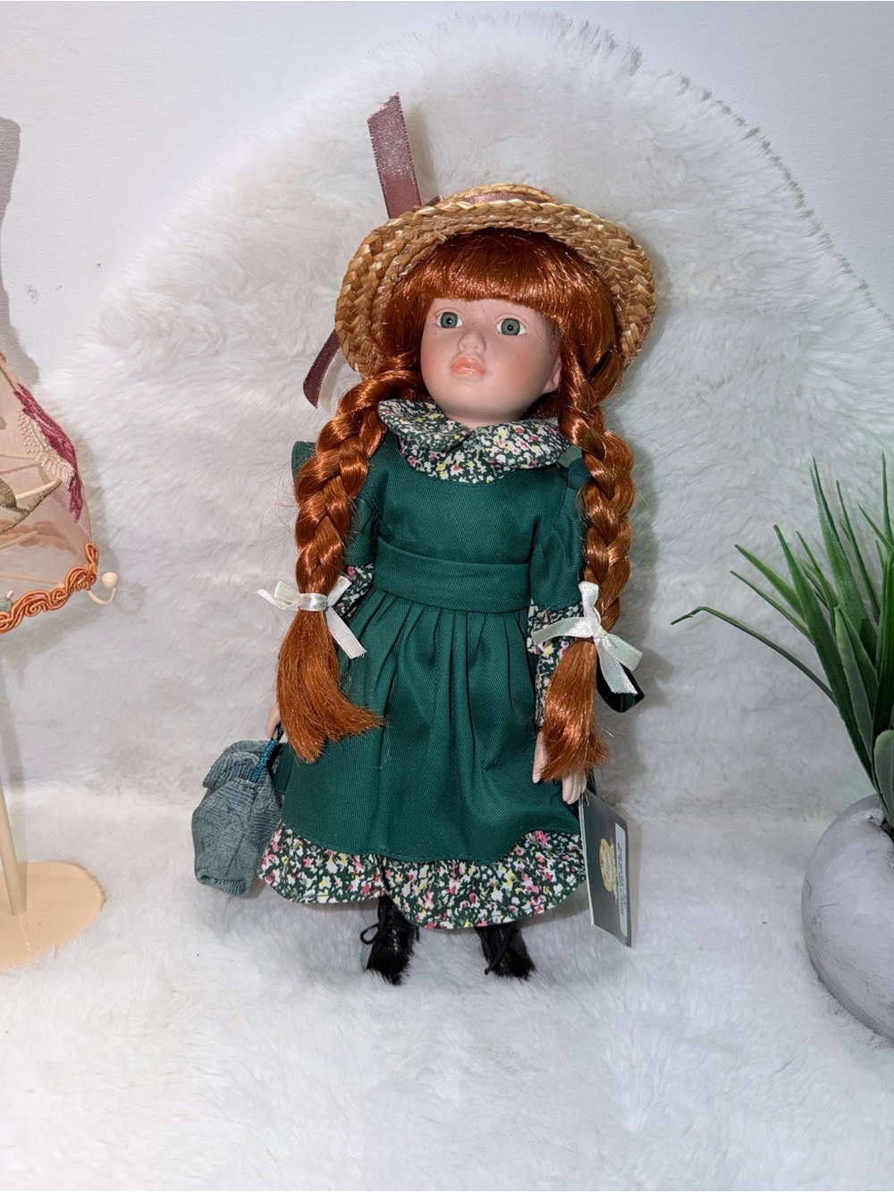 Precious Anne of Green Gables Porcelain Doll in Dress, Straw Hat & Book Bag 💼